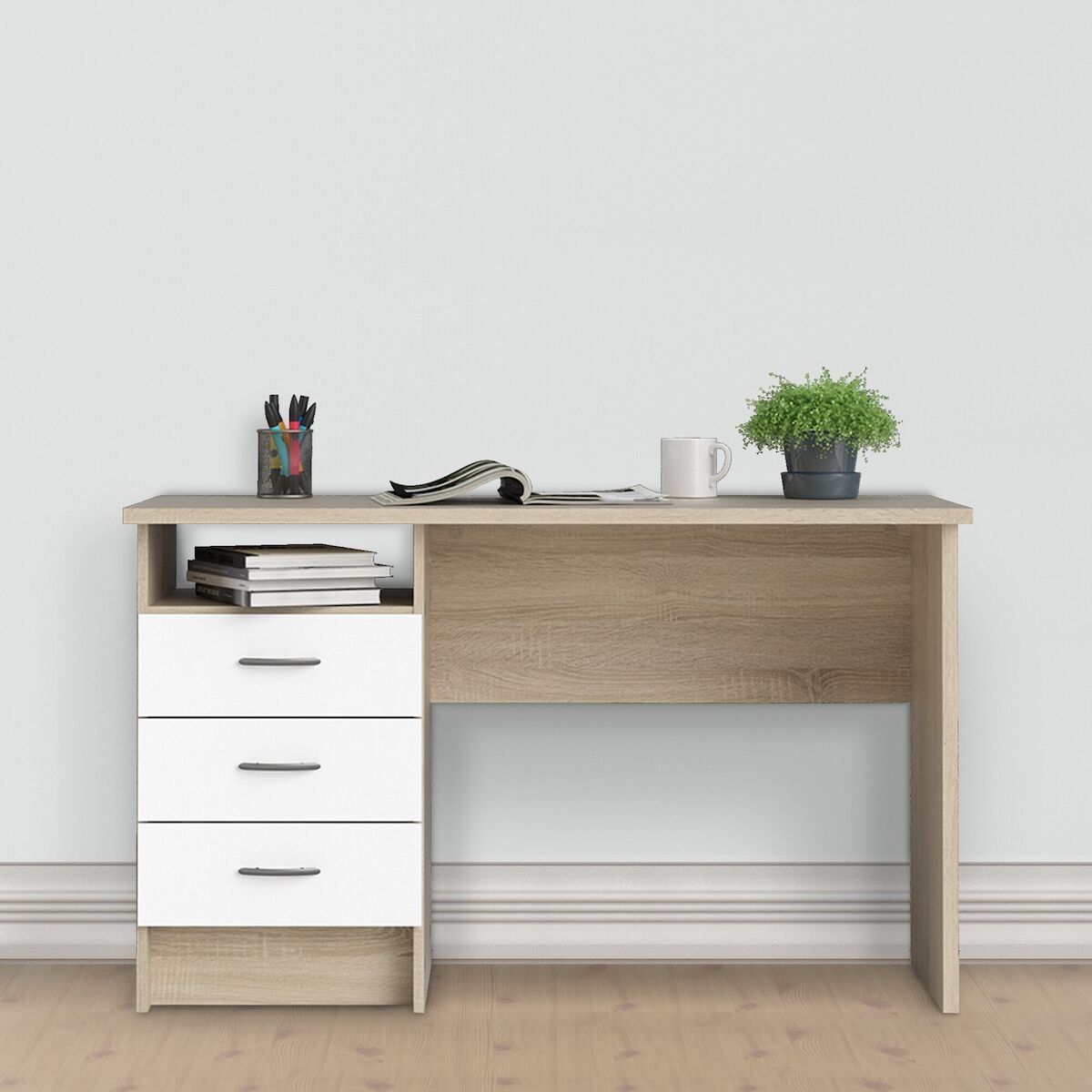 Funktion Plus työpöytä 3-laatikolla tammi/valkoinen