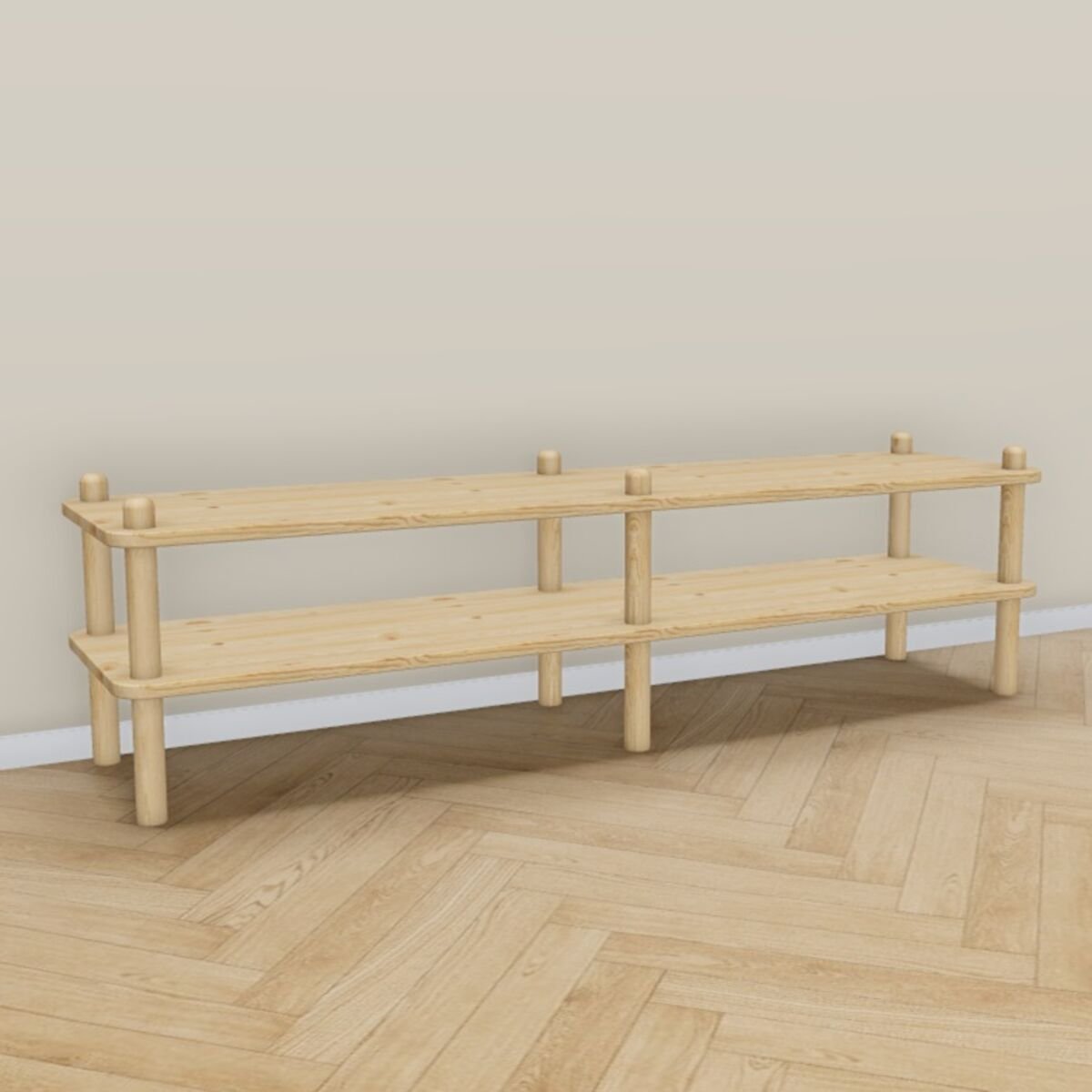 Askel matala tv-taso 138x35x38 cm puuvalmis