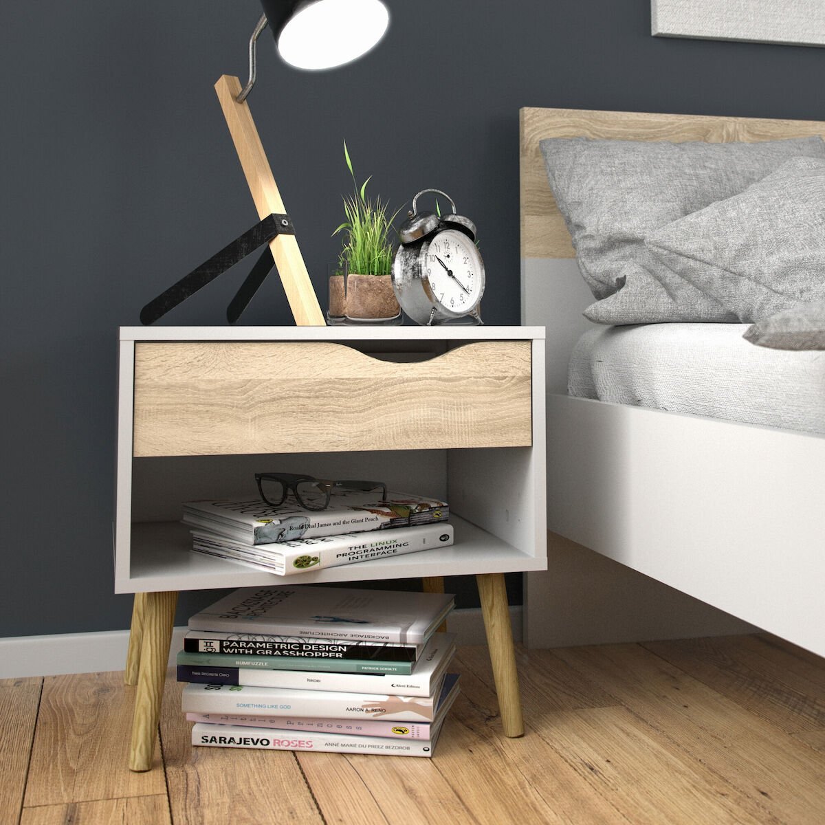 Delta yöpöytä valkoinen/tammi