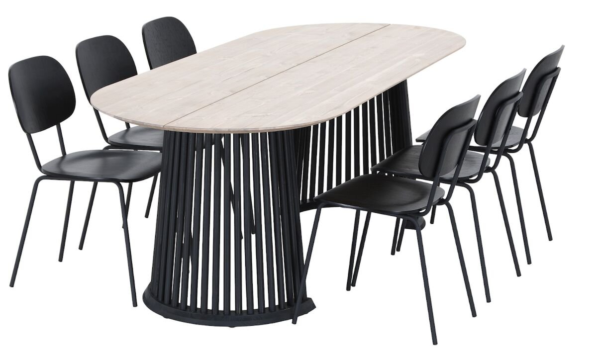 Suoma-Amira 6-hengen ovaali ruokailuryhmä valkaistu antiikkipetsattu/musta/musta