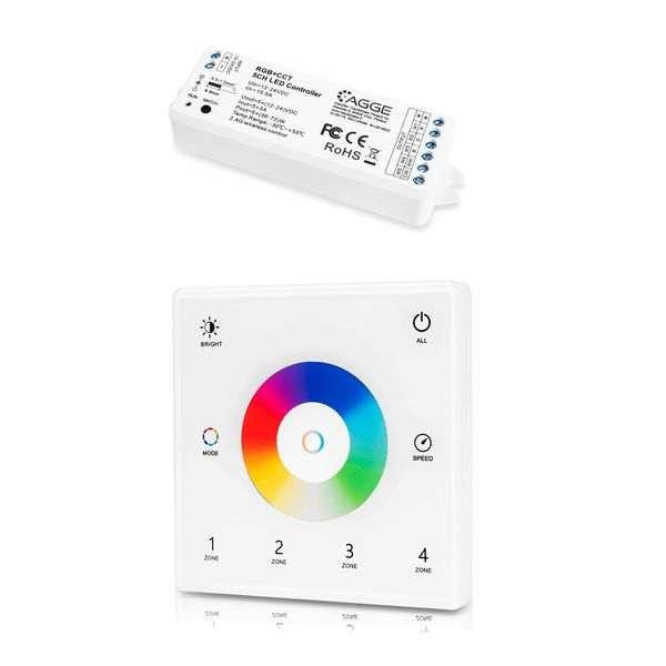 LED-nauhan kaukosäädin AGGE RGB+CCT Wall Mount Touch Panel 4-zones, RF 2.4 GHz, Kaukosäädin + Ohjausyksikkö