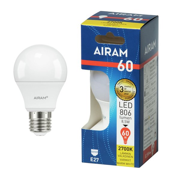 LED-lamppu Airam E27, 2700K, 8.5 W / 806 lm