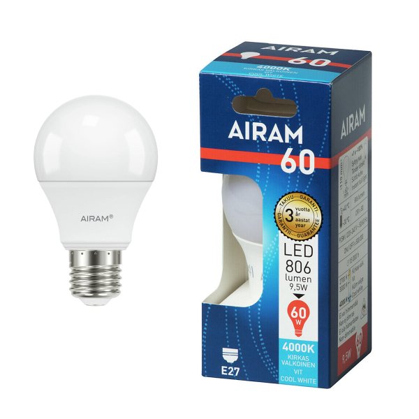 Led-lamppu Airam E27, 4000K, 9.5 W / 806 lm
