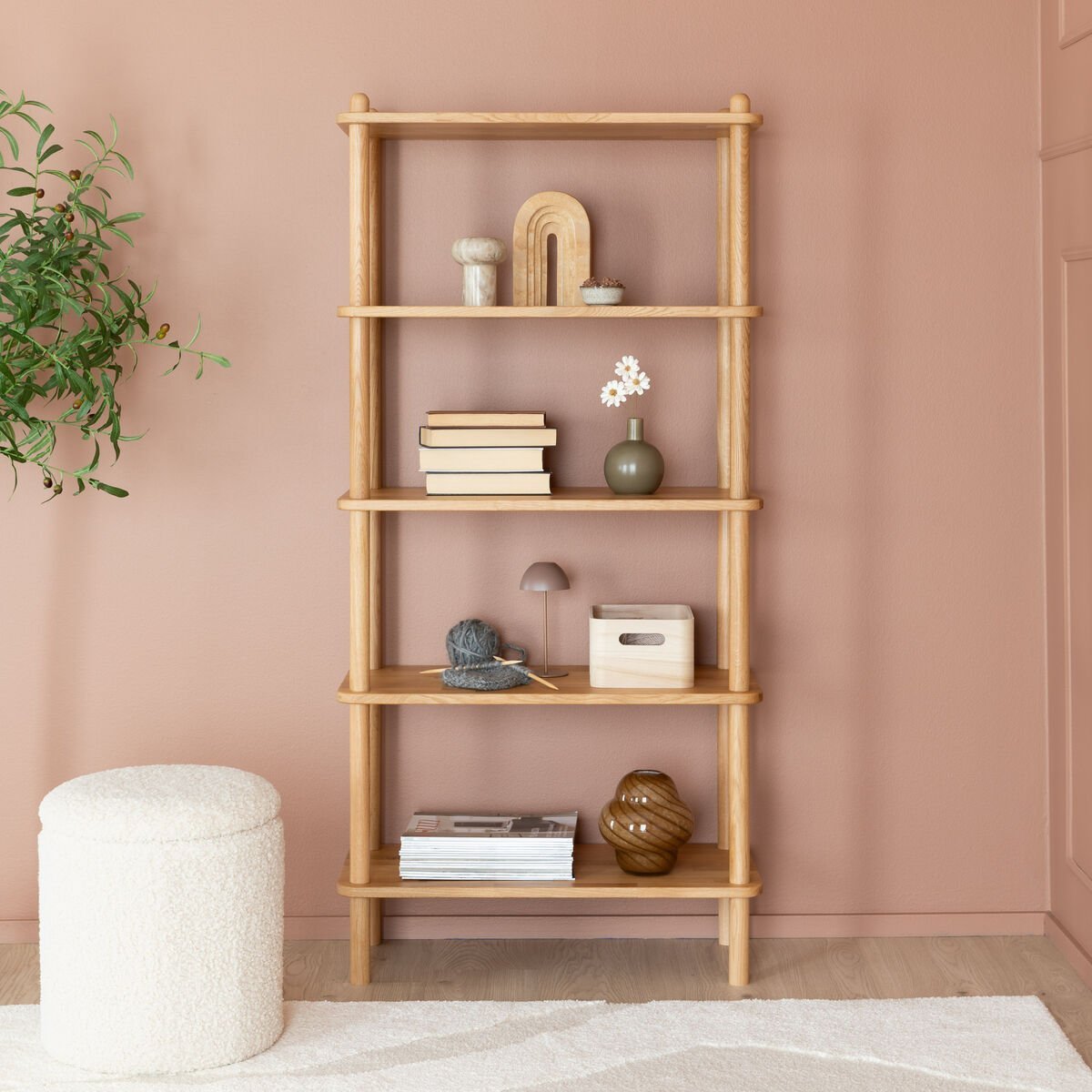 Askel tammi avohylly 73x35x152 cm suoralla päädyllä lakattu tammi