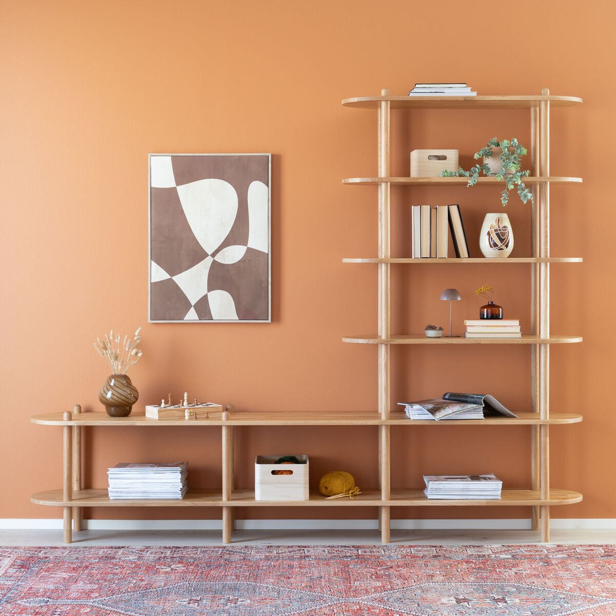 Askel tammi taso ja avohylly 230x35x185 cm pyöreällä päädyllä lakattu tammi