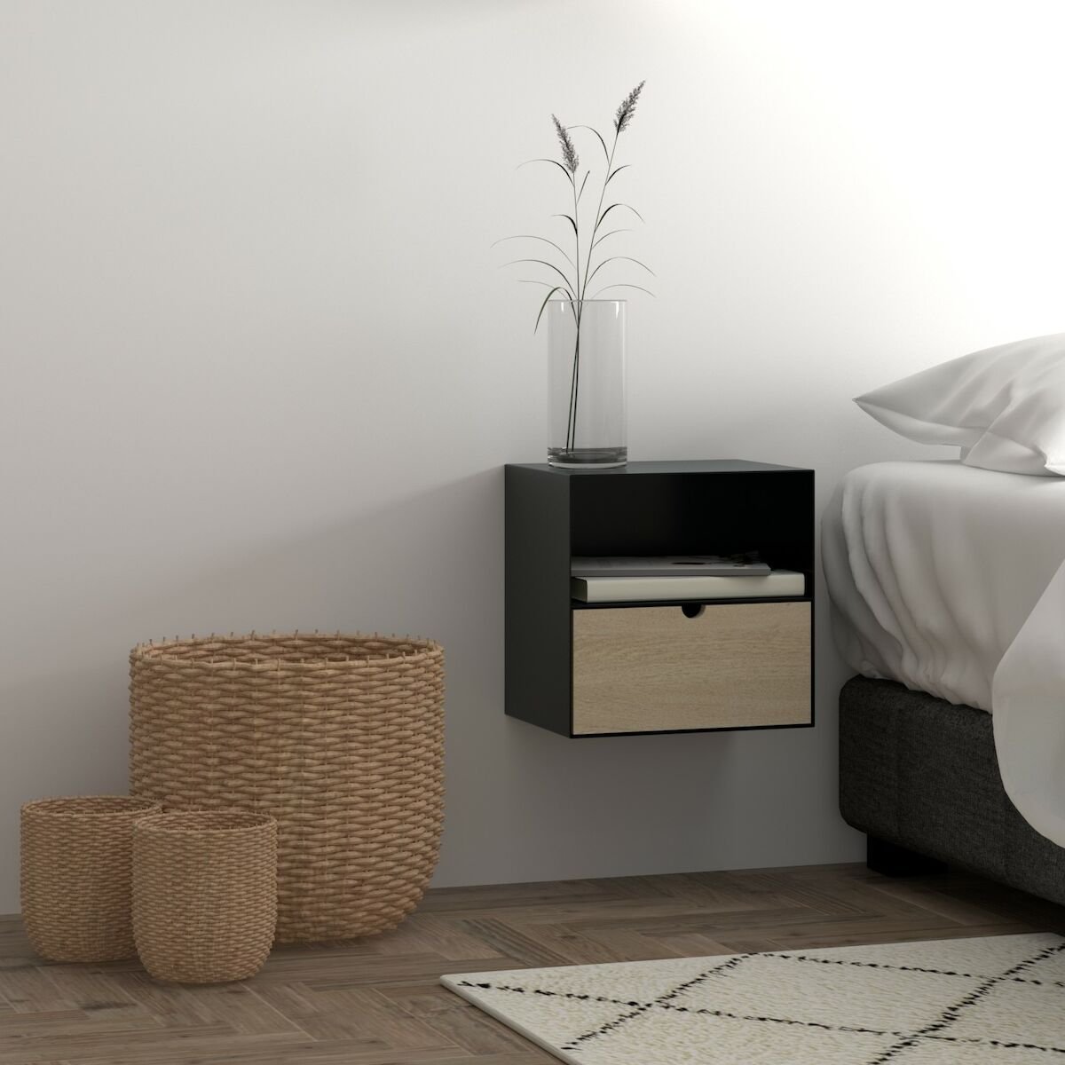 Joliet seinään kiinnitettävä yöpöytä 30x25 musta/luonnonvari