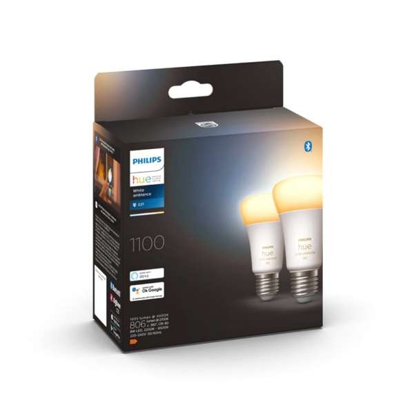Led-älylamppu Philips Hue White Ambience, E27, 2200-6500K, 8W / 1100 lm / 2 kpl