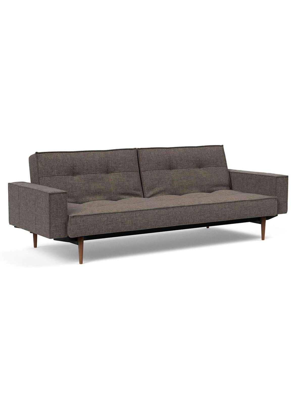 Splitback styletto -vuodesohva käsinojilla flashtex-kangas 216 tummanharmaa / ruskea tammi