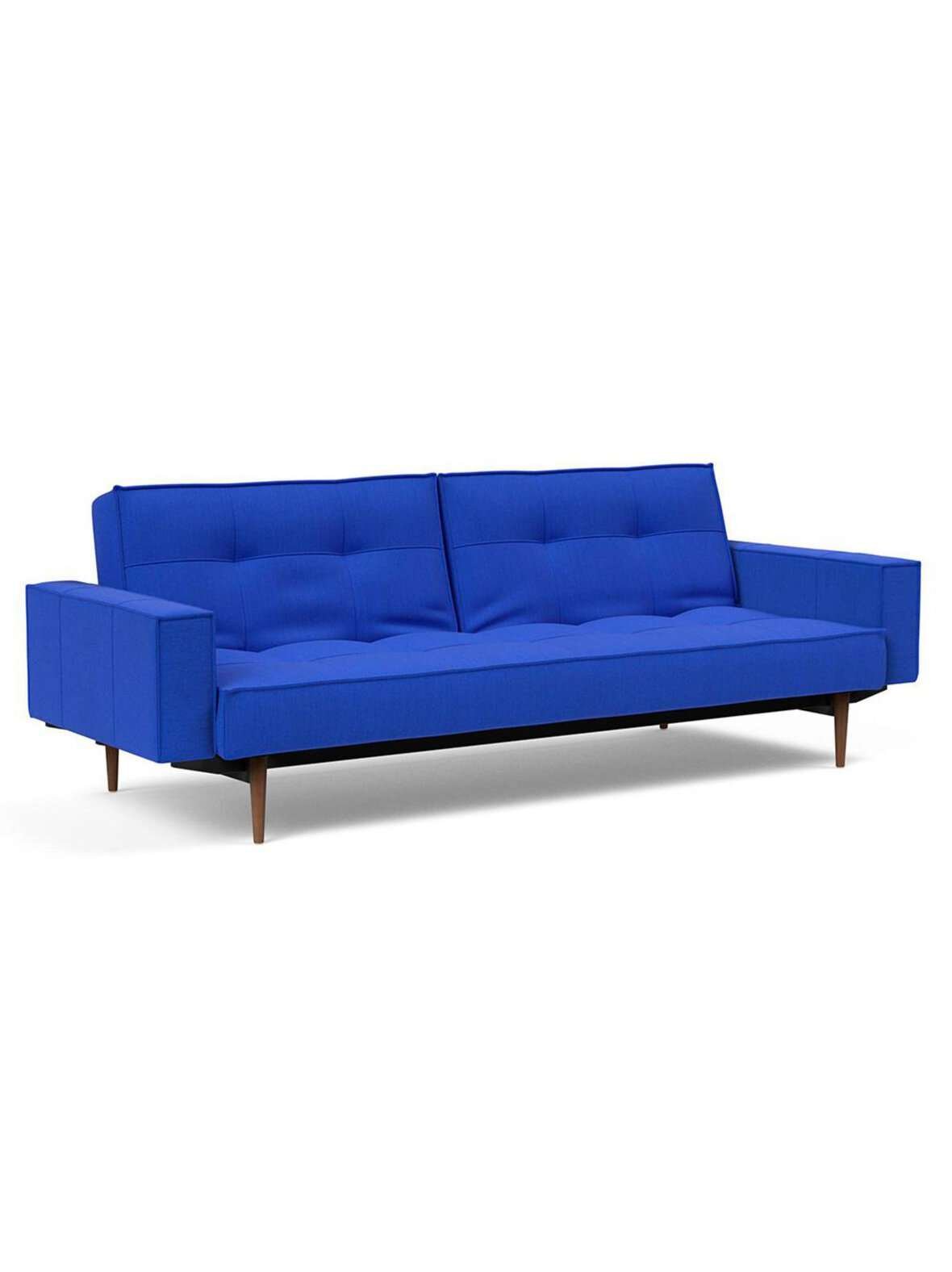 Splitback styletto -vuodesohva käsinojilla elegance-kangas 512 ultramariini / ruskea tammi