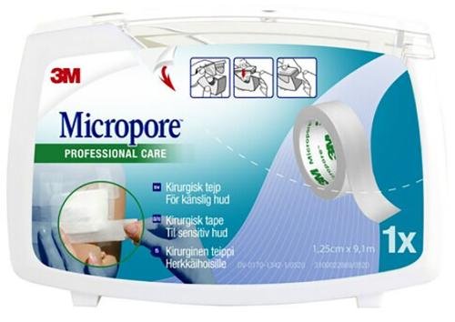 Micropore Kuituteippi, Valkoinen, 1,25 cm x 9,1 m, Katkokela 1 kpl