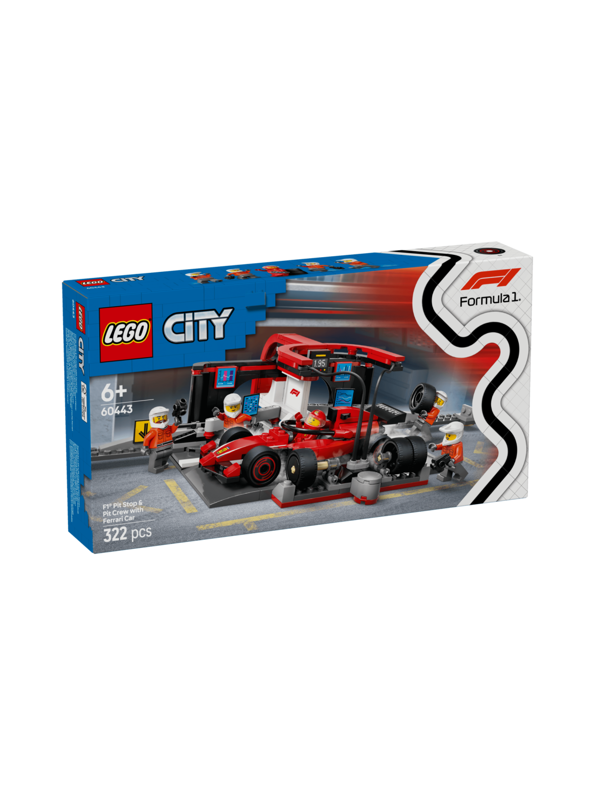 Lego city f1-varikkopysähdys ja varikkomiehistö sekä ferrari-auto 60443