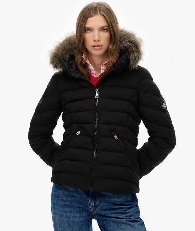 Superdry naisten takki Fuji Faux Fur Hood Padded Jkt, musta