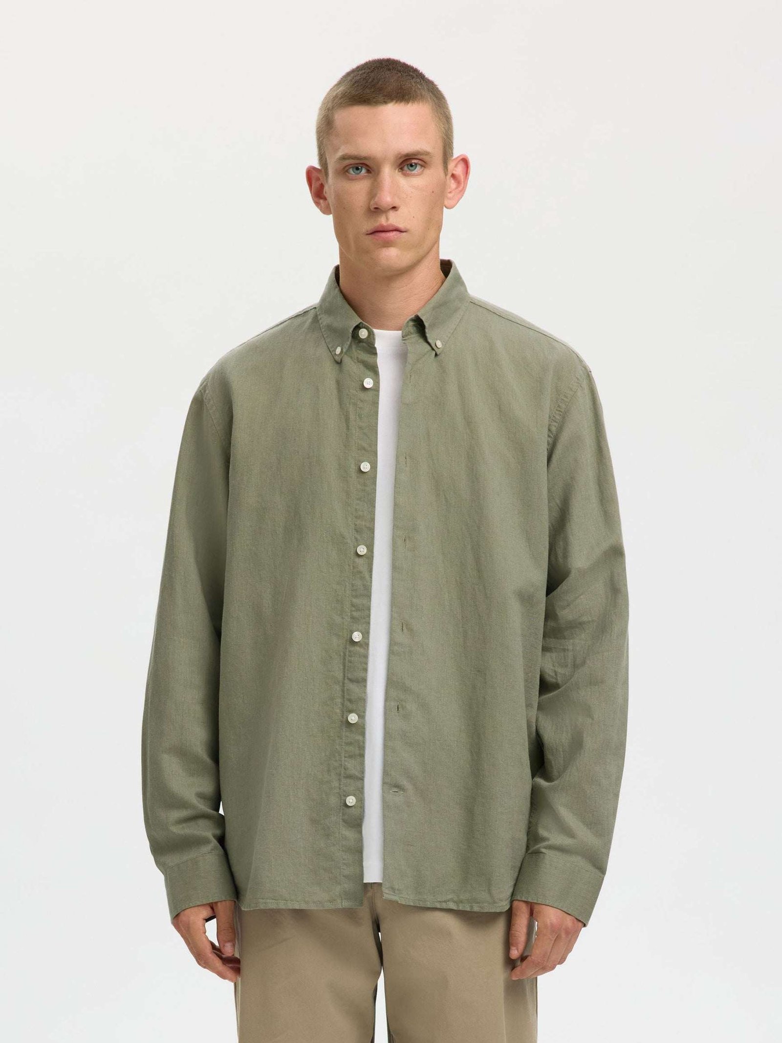 Selected miesten kauluspaita SLHREGCLAY Linenblend LS Shirt, Vetiver