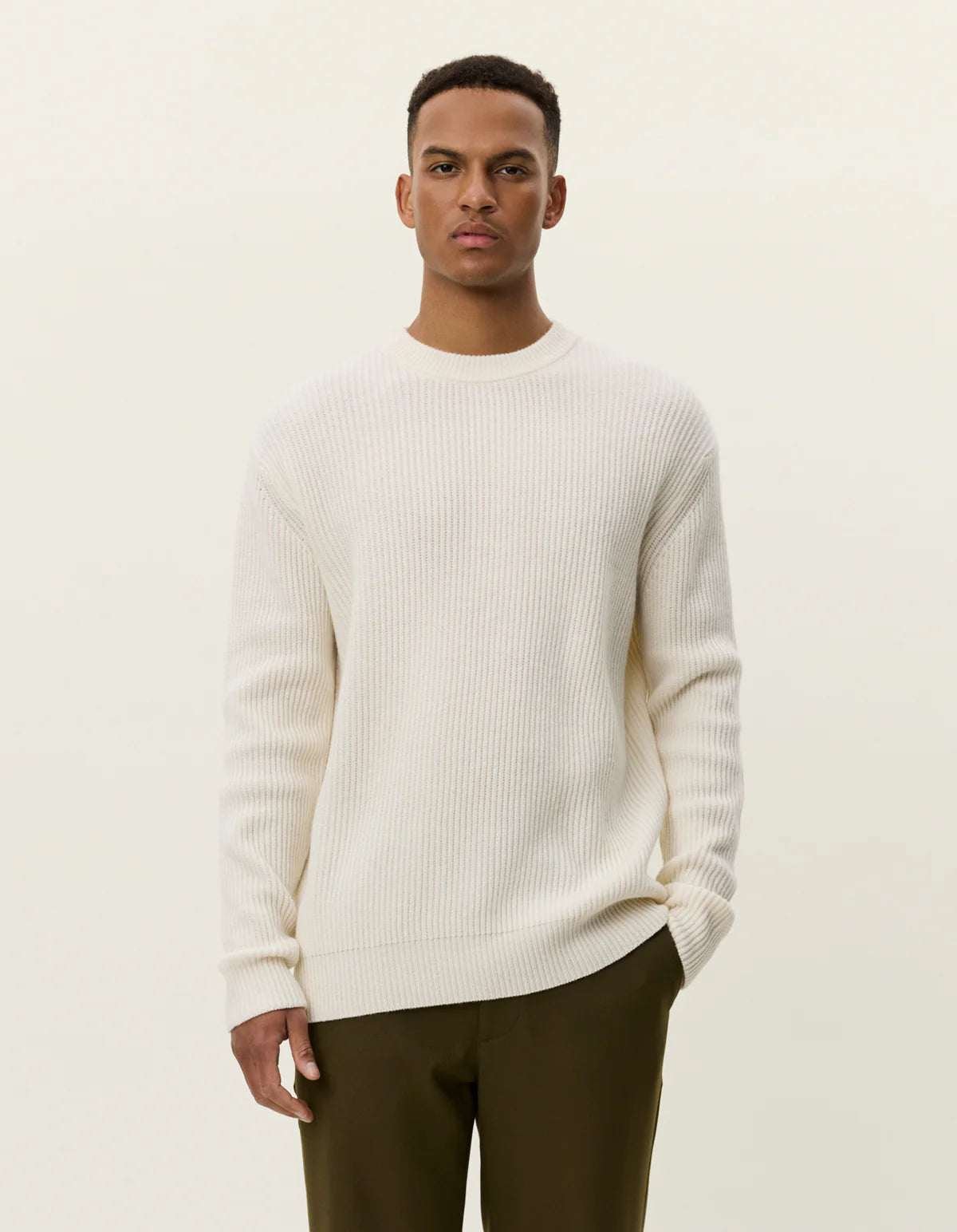 Les Deux miesten neulepusero Eddie Wool Rib Crewneck Knit, valkoinen
