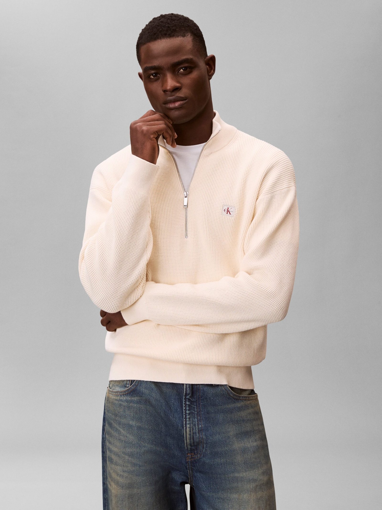 Calvin Klein Jeans miesten collegepaita ELS EZ Cotton Waffle Quarter Zip, kerma