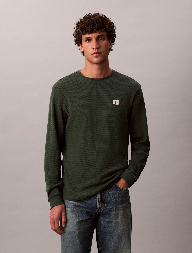 Calvin Klein Jeans miesten paita, LS WAFFLE BADGE CREWNK TEE Armeijanvihreä