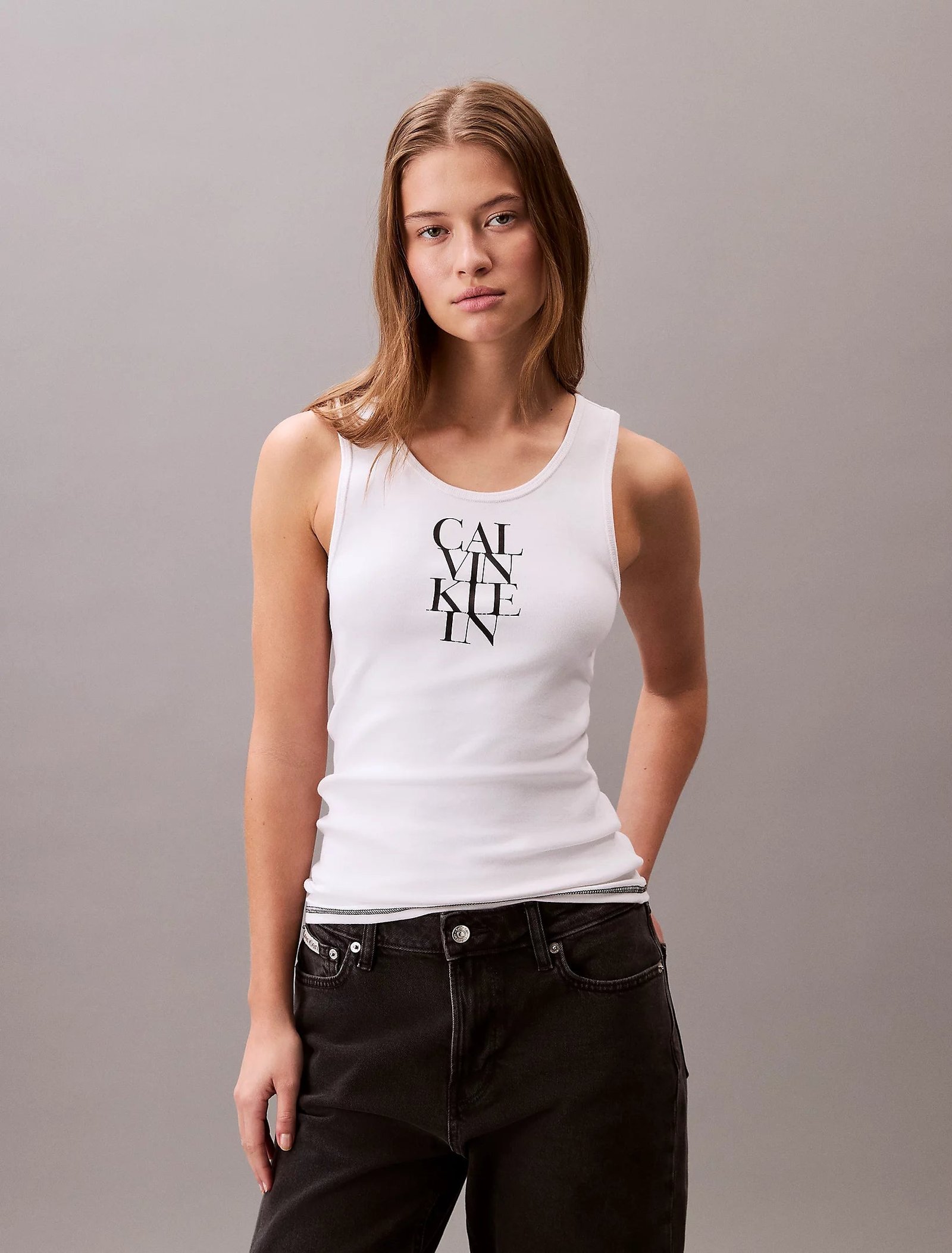 Calvin Klein Jeans naisten tank top, SL COTTON RIB SOLID TANK Valkoinen