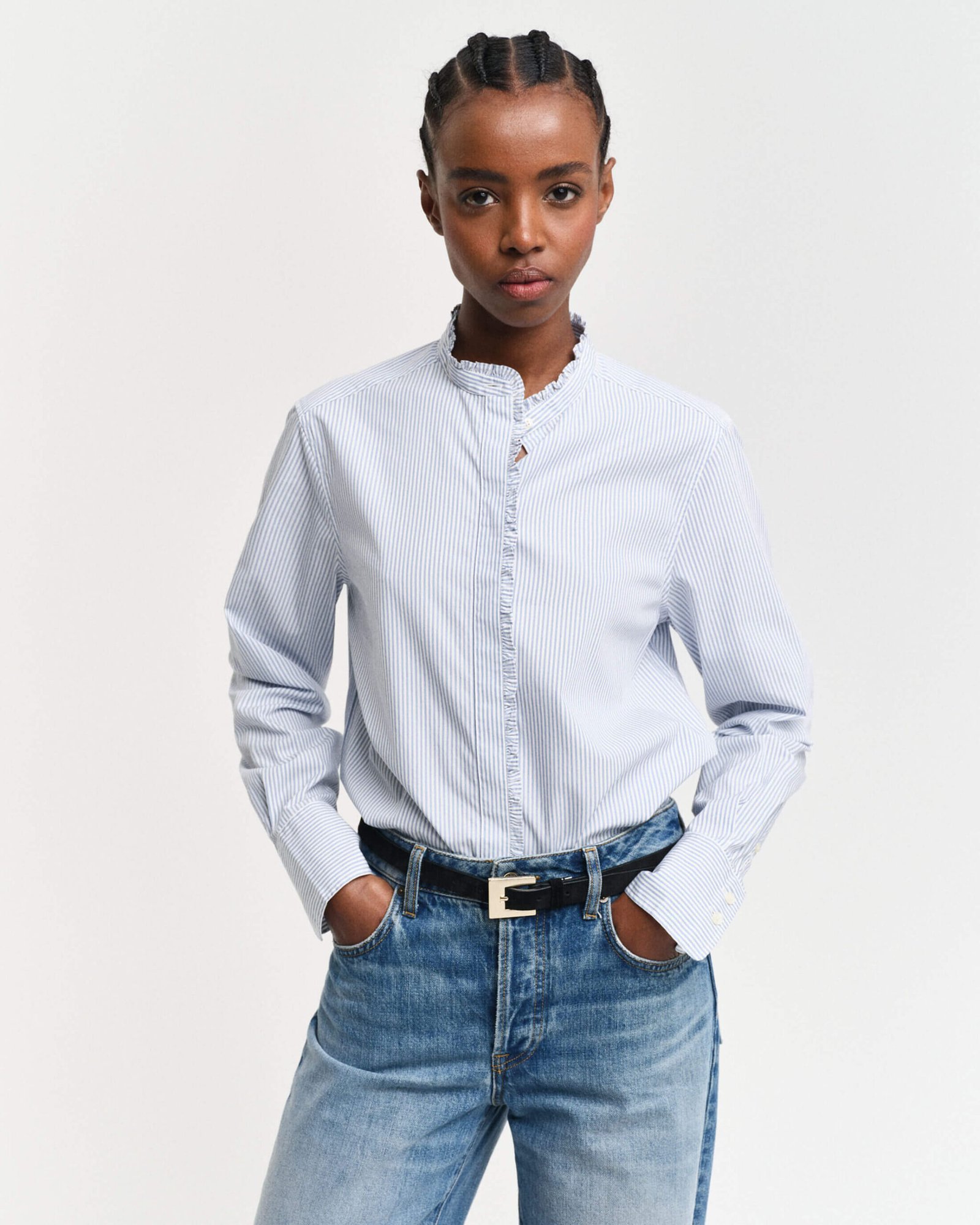 Gant naisten paita, REG STRIPED FRILL DETAIL SHIRT Raidallinen Sininen