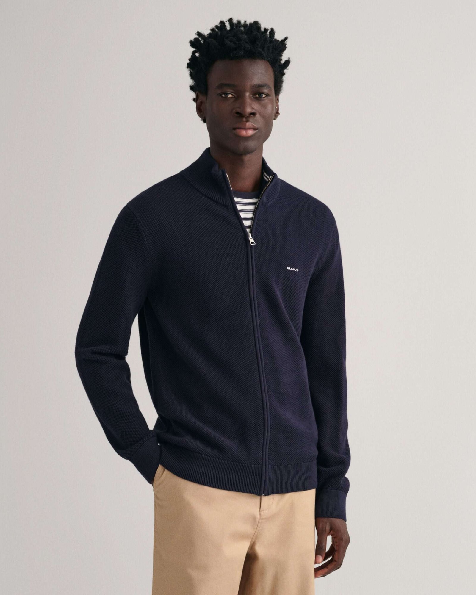 Gant miesten neuletakki K Cotton Pique Zip Cardigan, Tummansininen