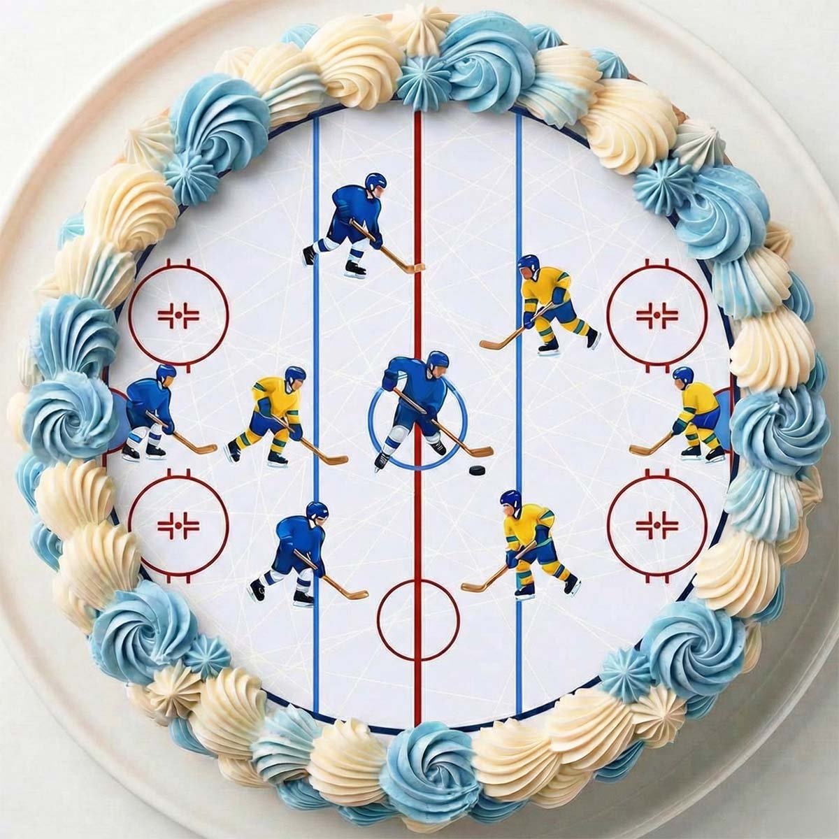 Kakkukuva – Jääkiekkokaukalo ja pelaajat, pyöreä