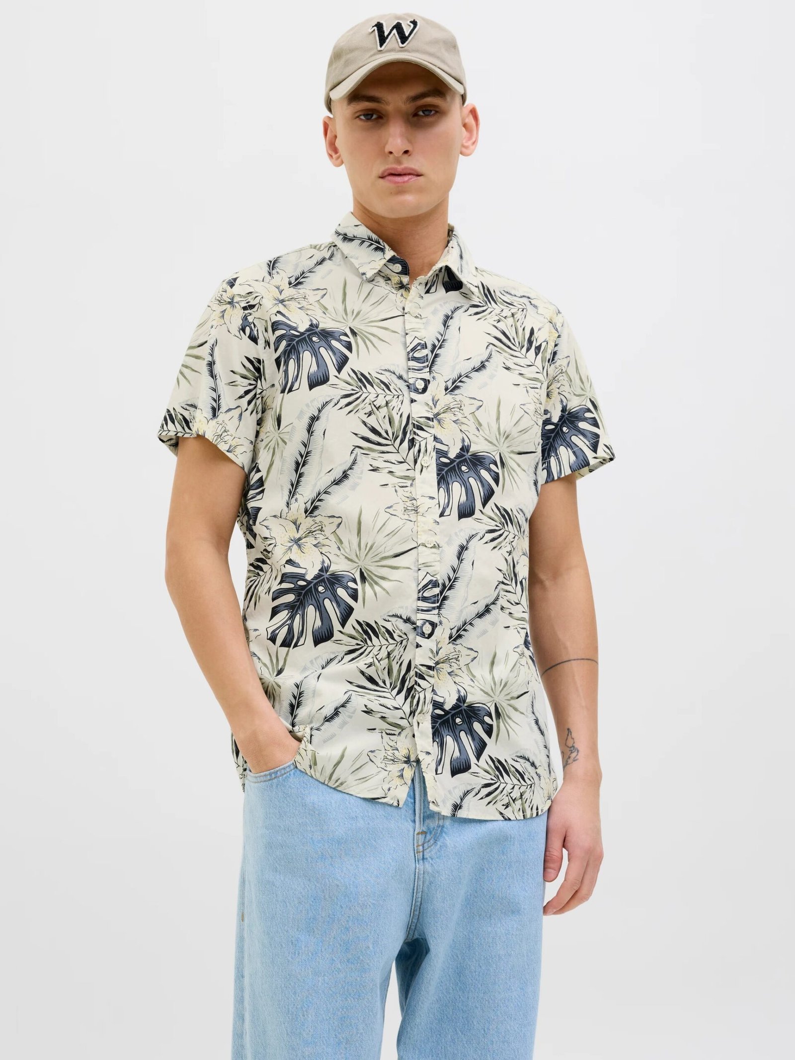 Jack and Jones miesten lyhythihainen kauluspaita, JJHAWAII AOP SHIRT SS Cloud Dancer