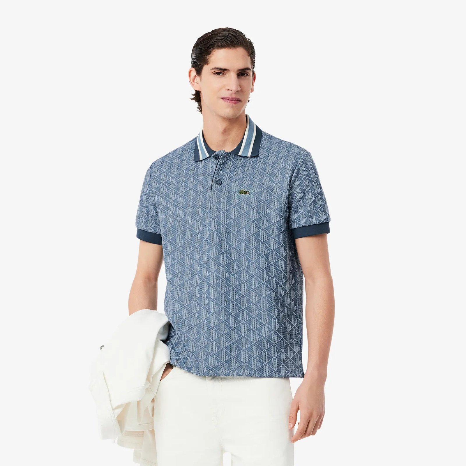 Lacoste Miesten Poolopaita, CLASSIC FIT CONTRAST COLLAR MONOGRAM Sininen Kuosi