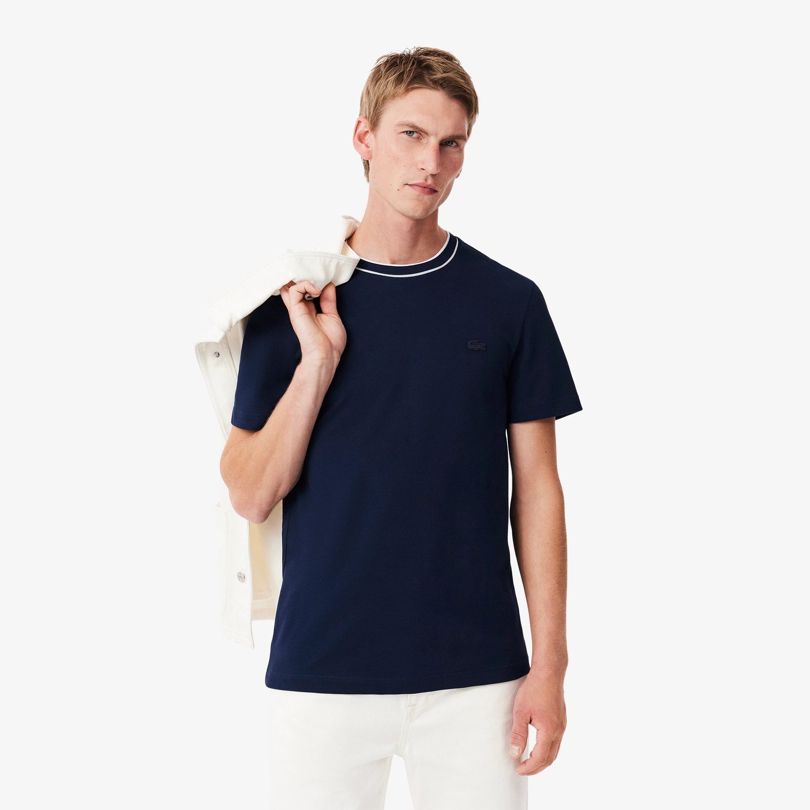 Lacoste miesten t-paita, STRECH PIQUE STRIPE COLLAR T-SHIRT Tummansininen