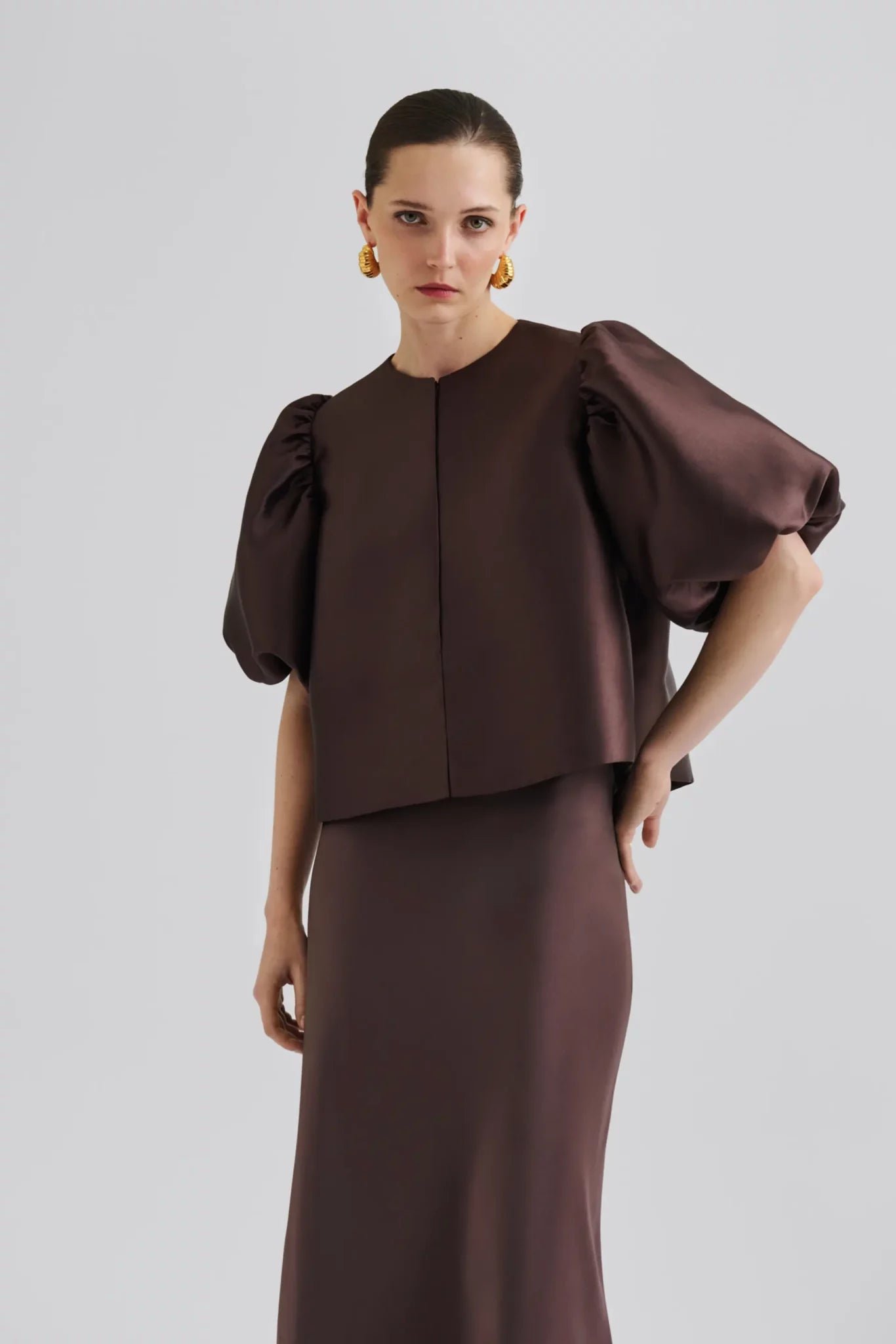 Malina naisten pusero, CLEO POUF SLEEVE BLOUSE Tummanruskea