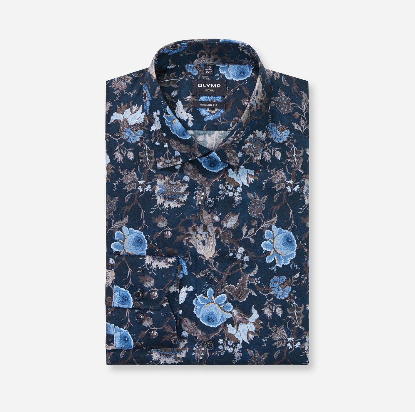 Olymp miesten kauluspaita, 042 LUXOR MODERN FIT FLORAL PRINT Sininen Kuosi