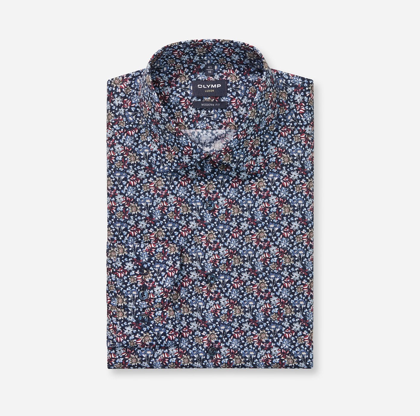 Olymp miesten kauluspaita, 042 LUXOR MODERN FIT FLORAL PRINT Tummansininen