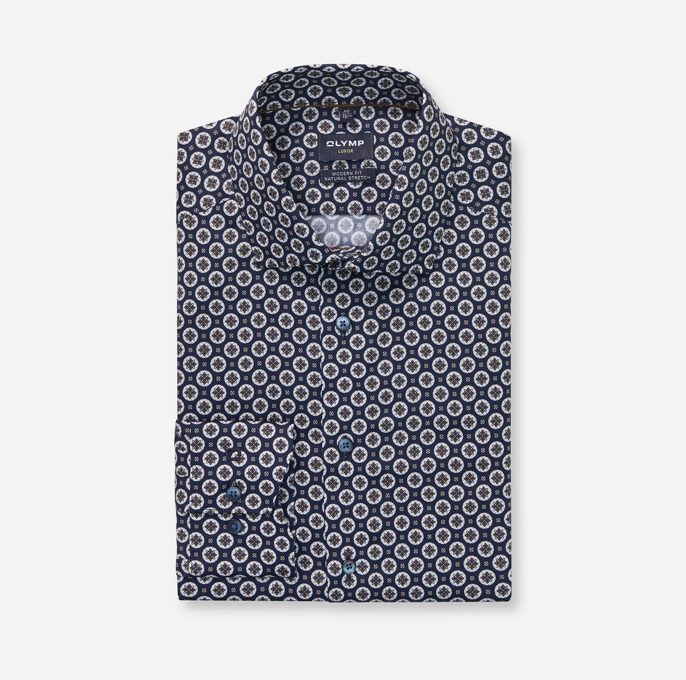 Olymp miesten kauluspaita, 042 LUXOR MODERN FIT MICRO PRINT Sininen Kuosi