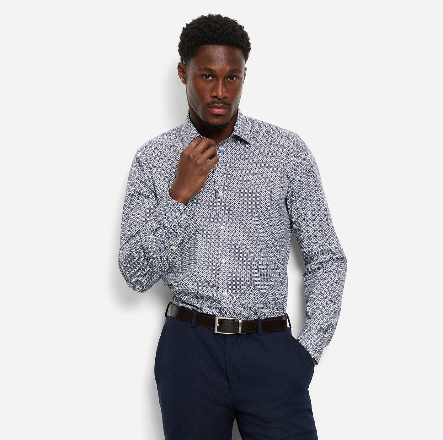 Olymp miesten kauluspaita, 051 LEVEL 5 BODY FIT COTTON PRINT Sininen Kuosi