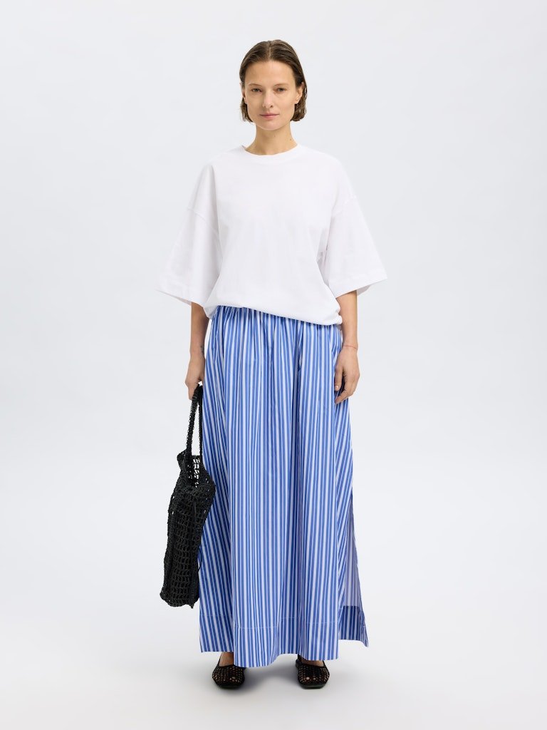 Selected Femme naisten hame, SLFFIA HW STRIPED ANKLE SLIT SKIRT Raidallinen Sininen