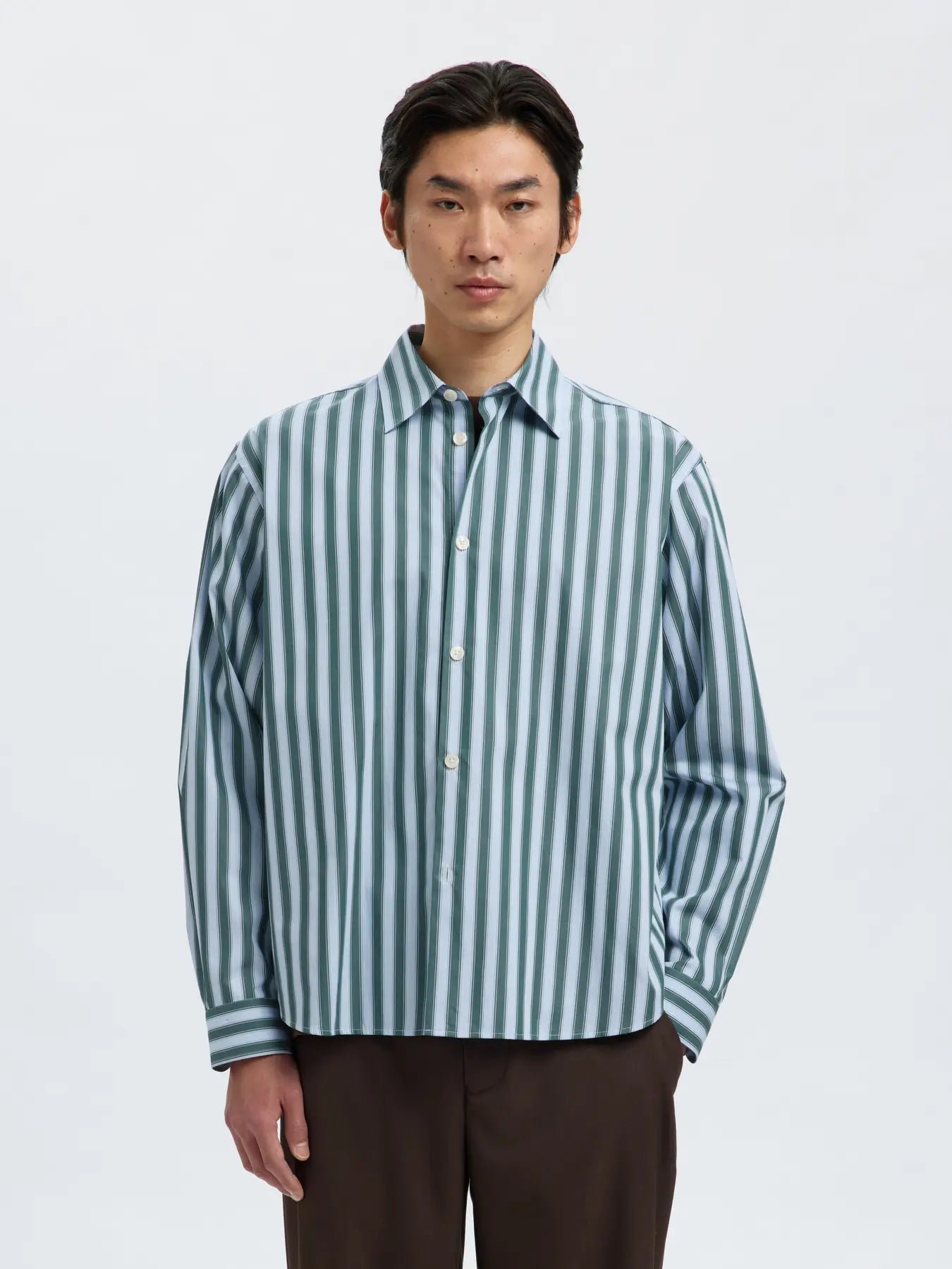 Selected miesten kauluspaita, SLHRLXHENRIC STRIPE LS SHIRT Dark Green Multi Stripes