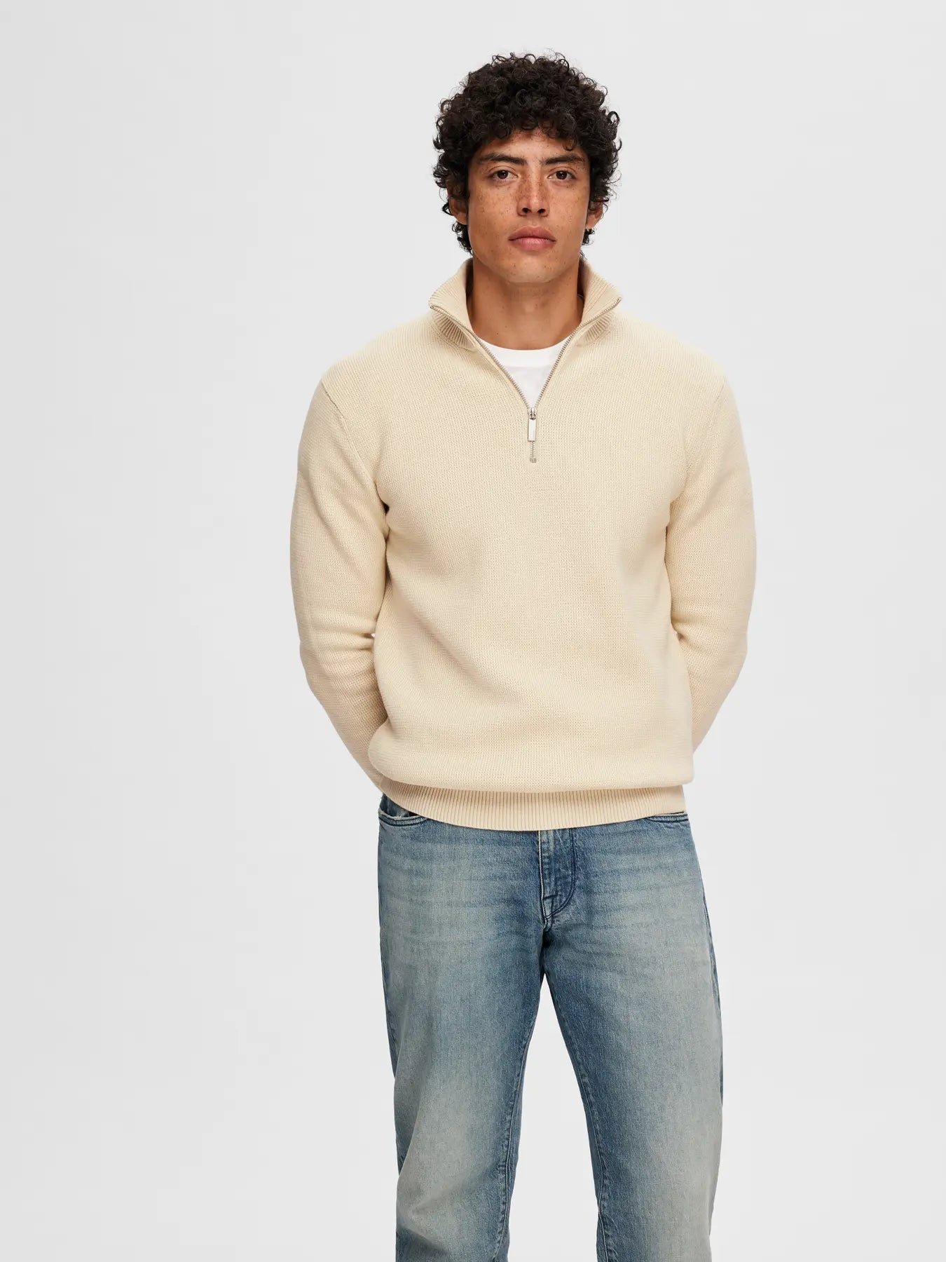 Selected Miesten Neulepusero, DANE LS KNIT STRUCTURE HALF ZIP Oatmeal
