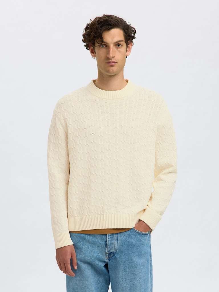 Selected miesten neulepusero, K PHILIP LS KNIT RELAXED CREW NECK Egret