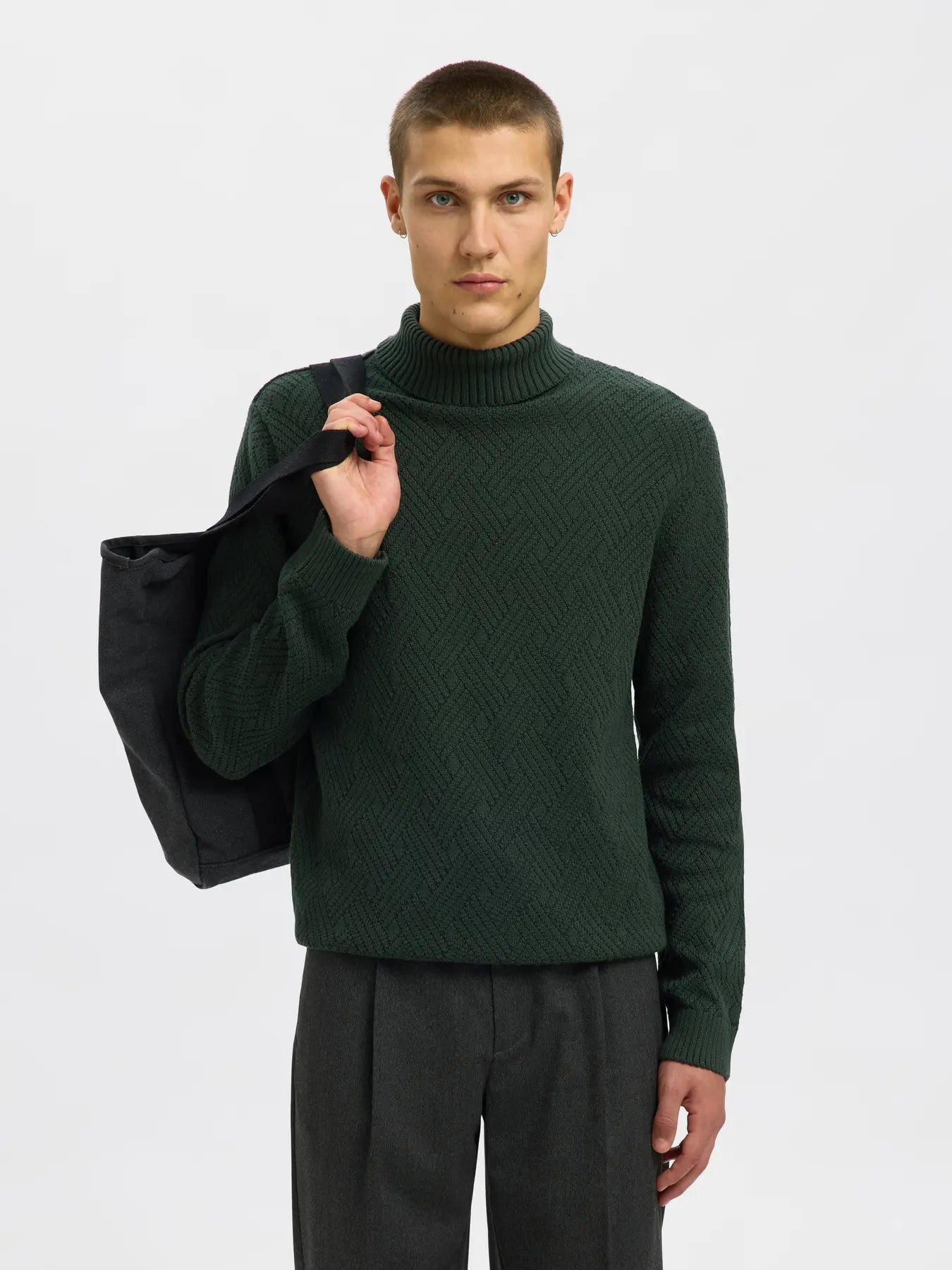Selected miesten neulepusero, TREVOR LS KNIT STRUCTURE ROLL NECK Deep Forest