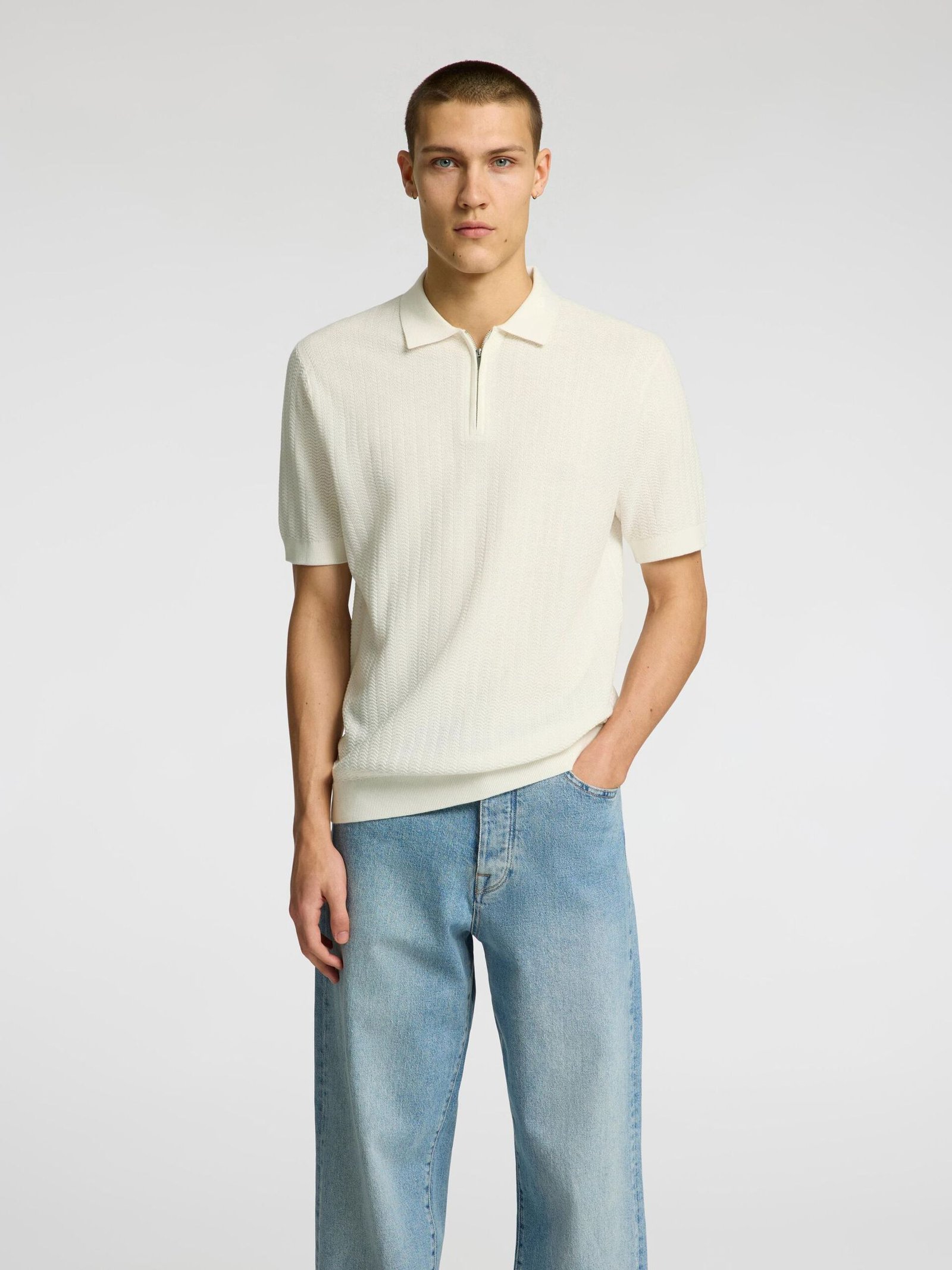 Selected miesten pikeepaita, CRAN SS KNIT STRUCTURE Valkoinen