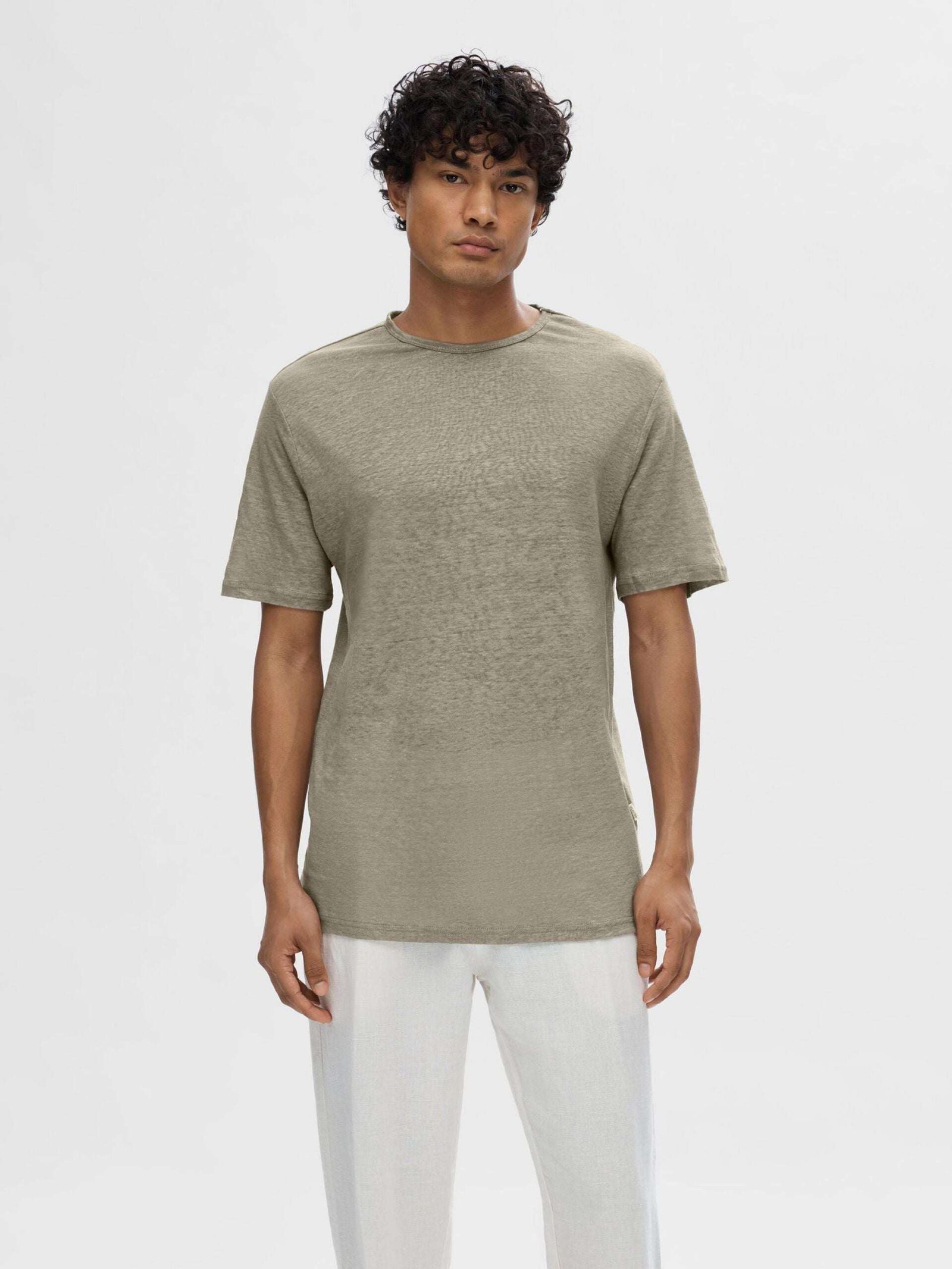 Selected Miesten T-Paita, BET LINEN SS O-NECK Armeijanvihreä