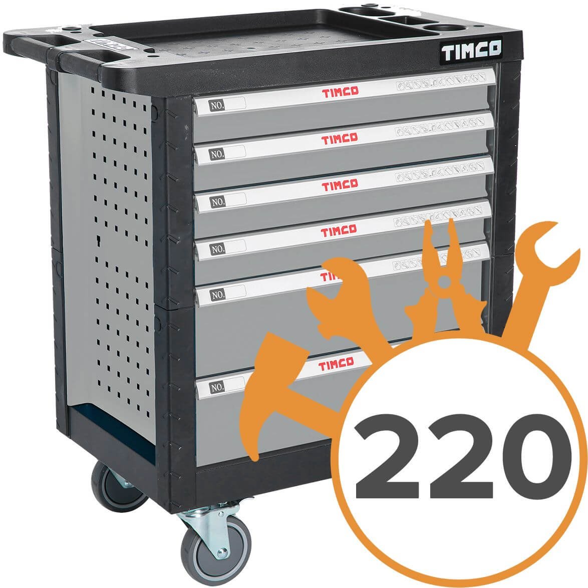 Työkaluvaunu + 220 työkalua, harmaa, Timco