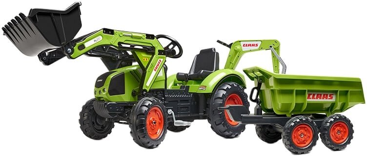 Polkutraktori kärryllä ja etukuormaajalla Claas Axos 330, Falk Toys