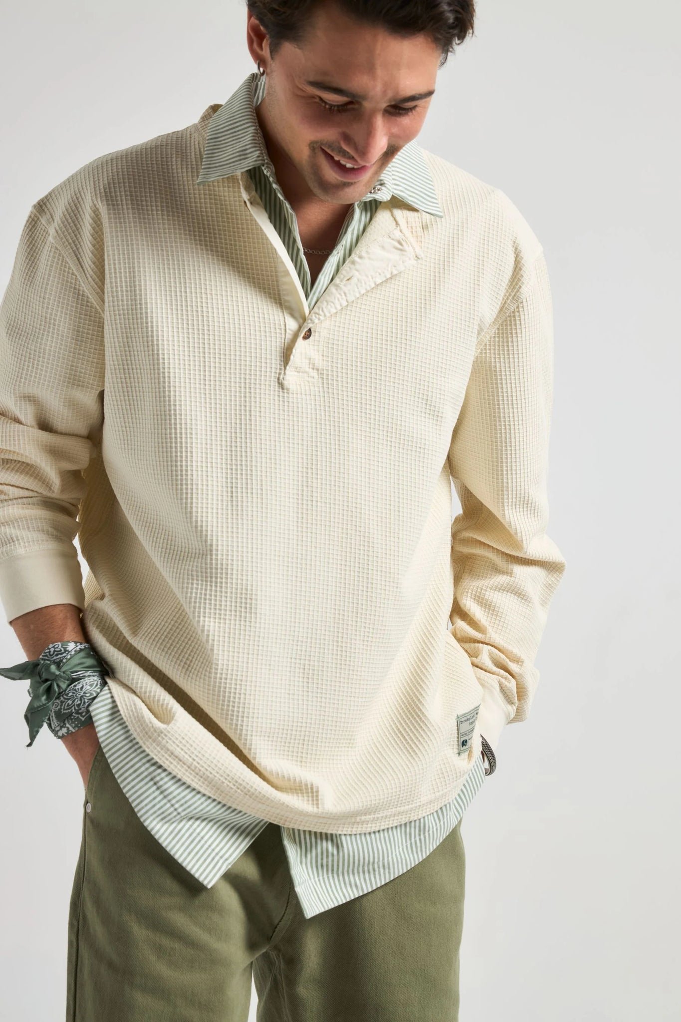 Deck L/S Waffle Henley Antique White