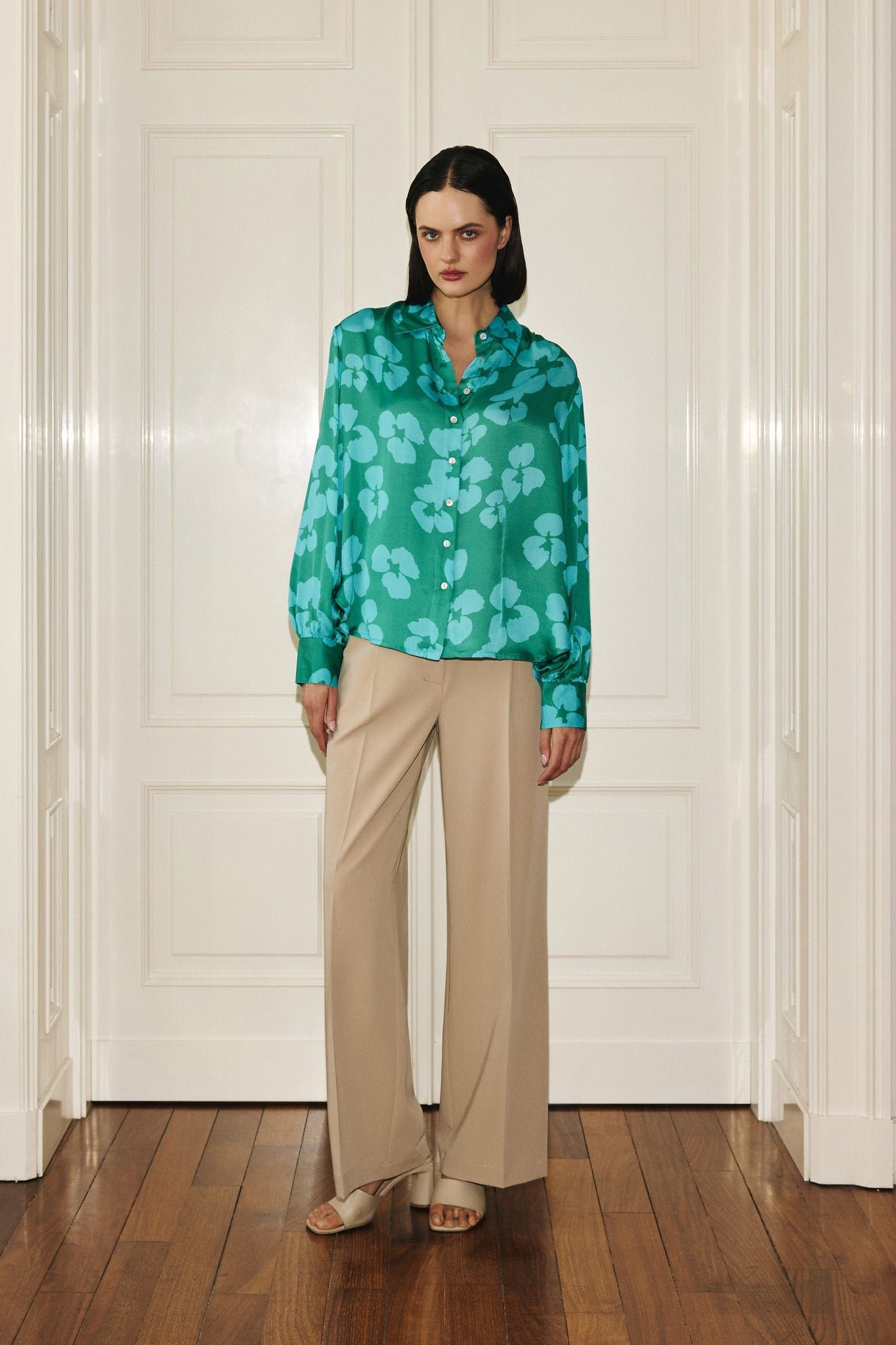 Noel Button-Up Shirt Emerald Flowers