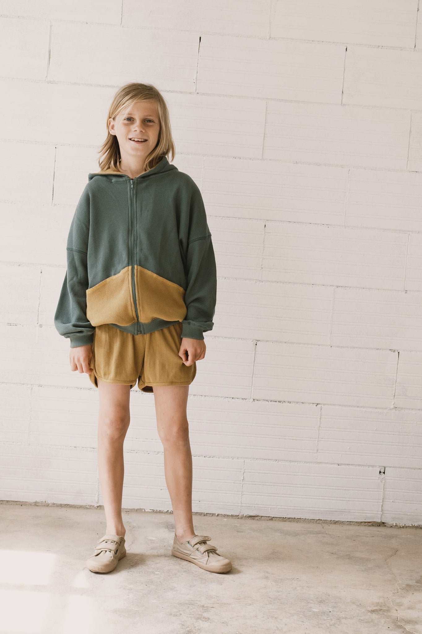 Kid's Helmi Waffle Hoodie Blue/Mustard