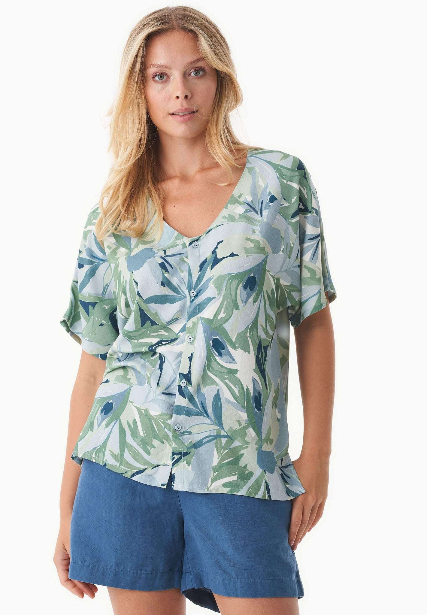 V-Neck Short Sleeved Viscose Blouse Abstract Leaf