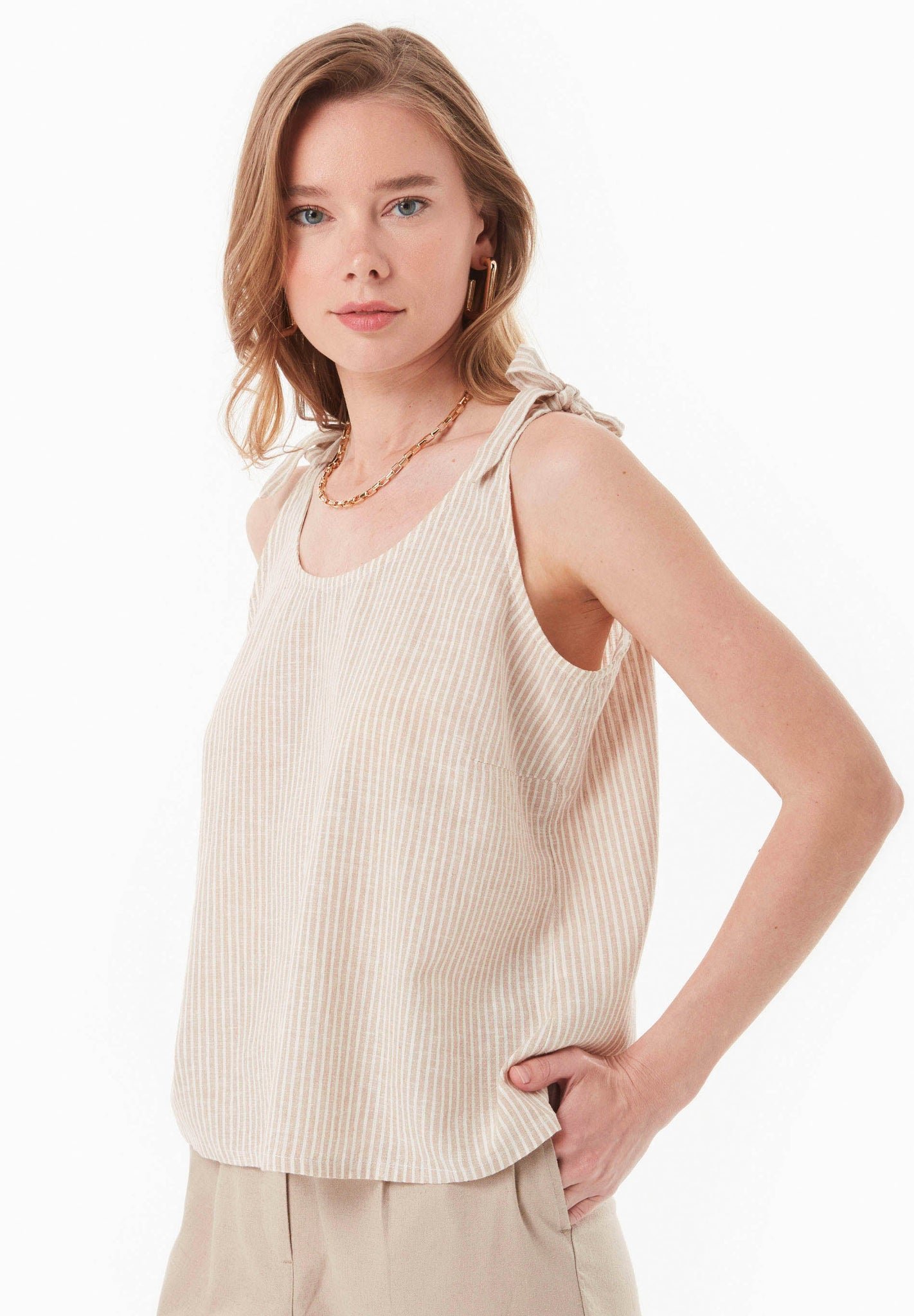 Striped Linen Blend Tie Strap Top Beige/Off White