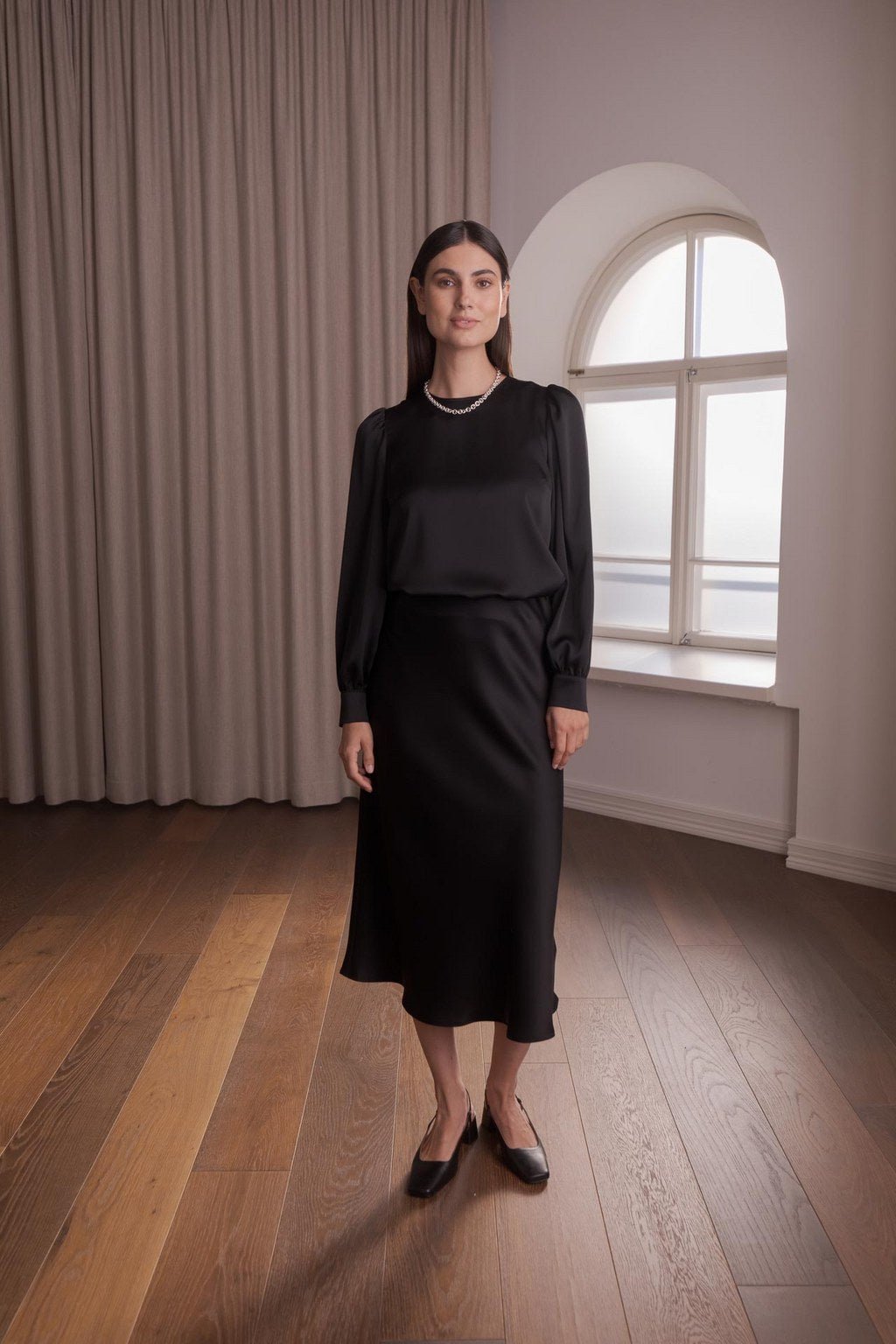 Tenesha Long-Sleeve Puff Sleeve Satin Shirt Black