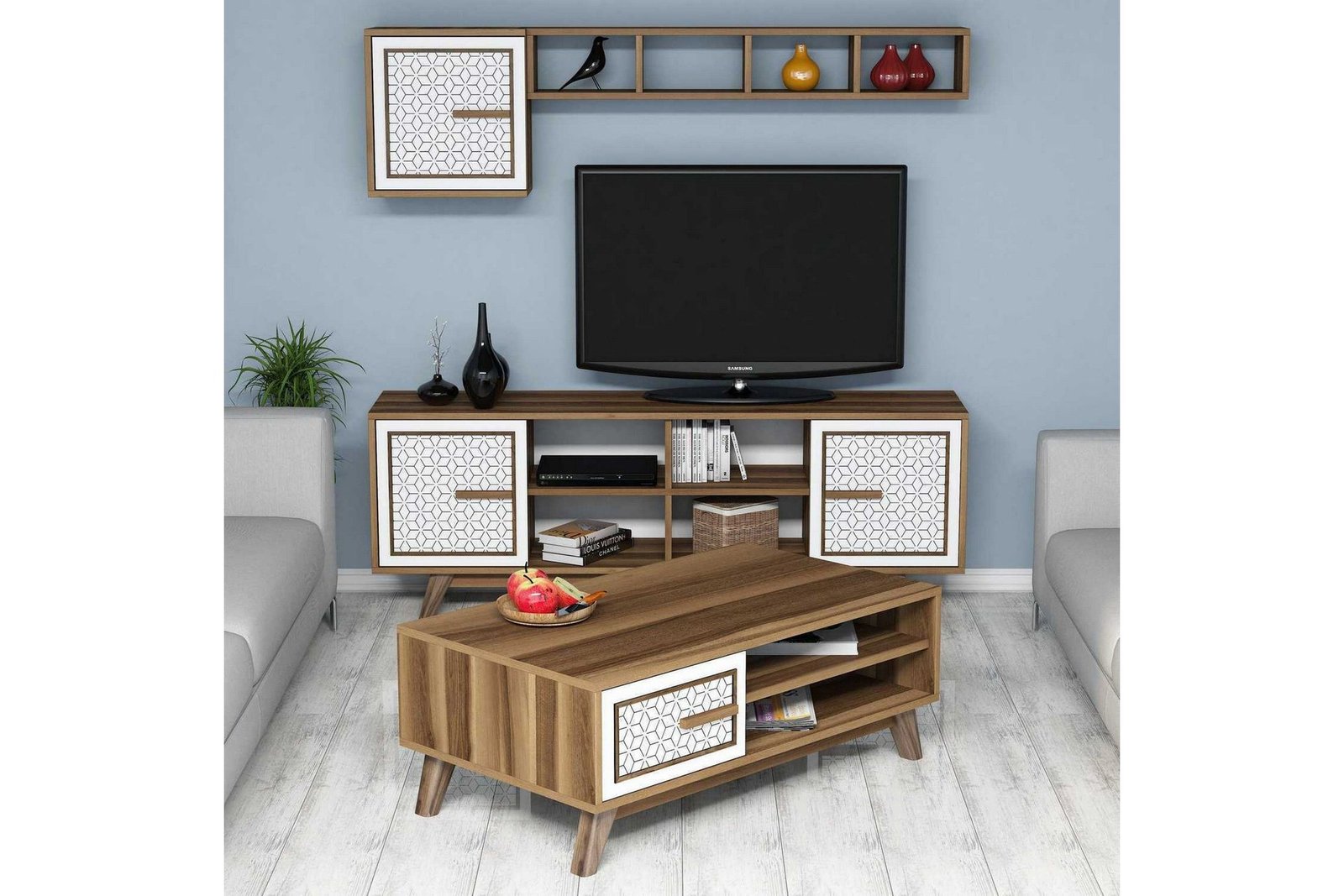 TV-kalustepaketti Amtorp 160 cm - Ruskea/Valkoinen/Tammi