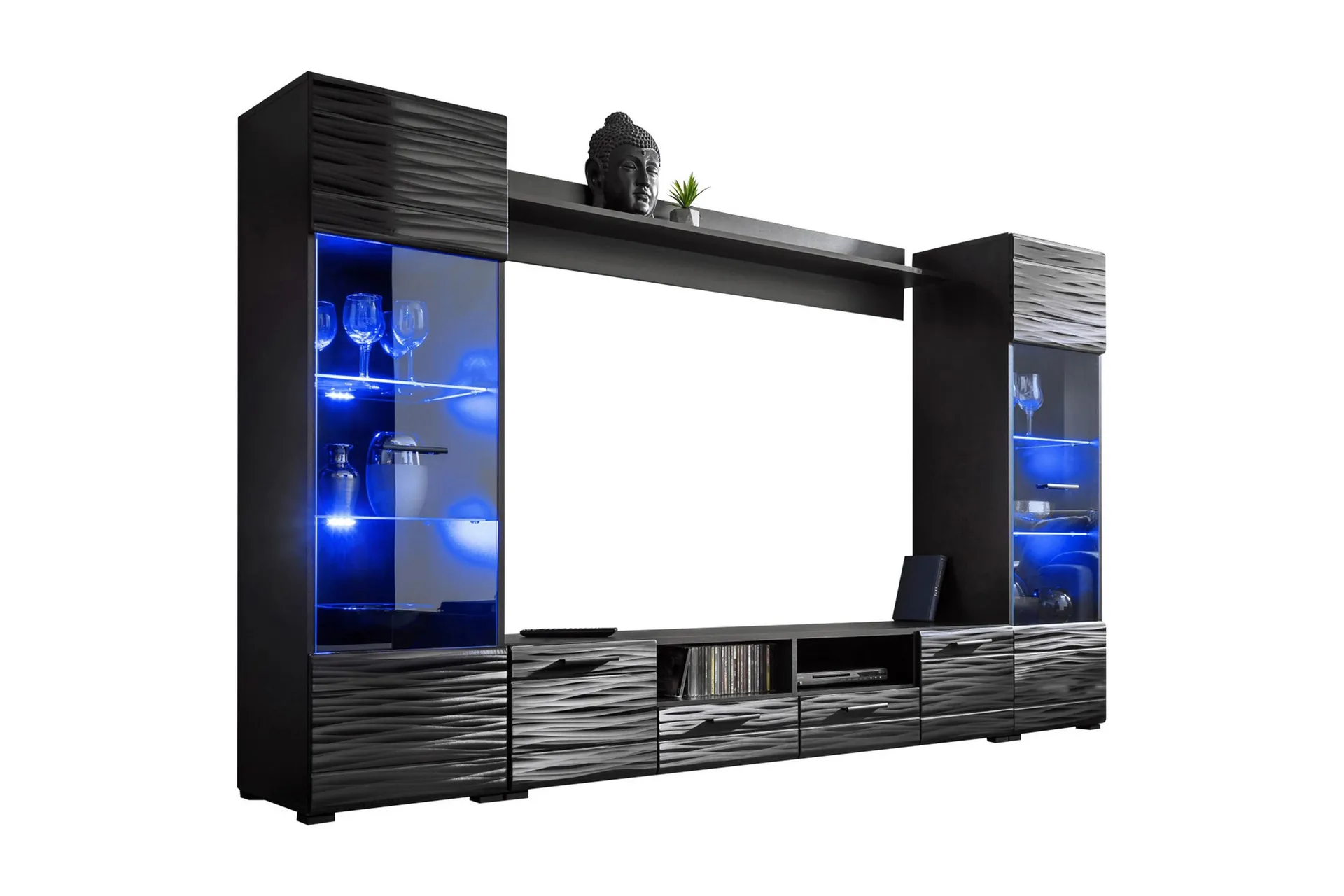 Vidara Moderni TV mediakaluste vitriinikaapilla ja LED-valaistuksella - Musta