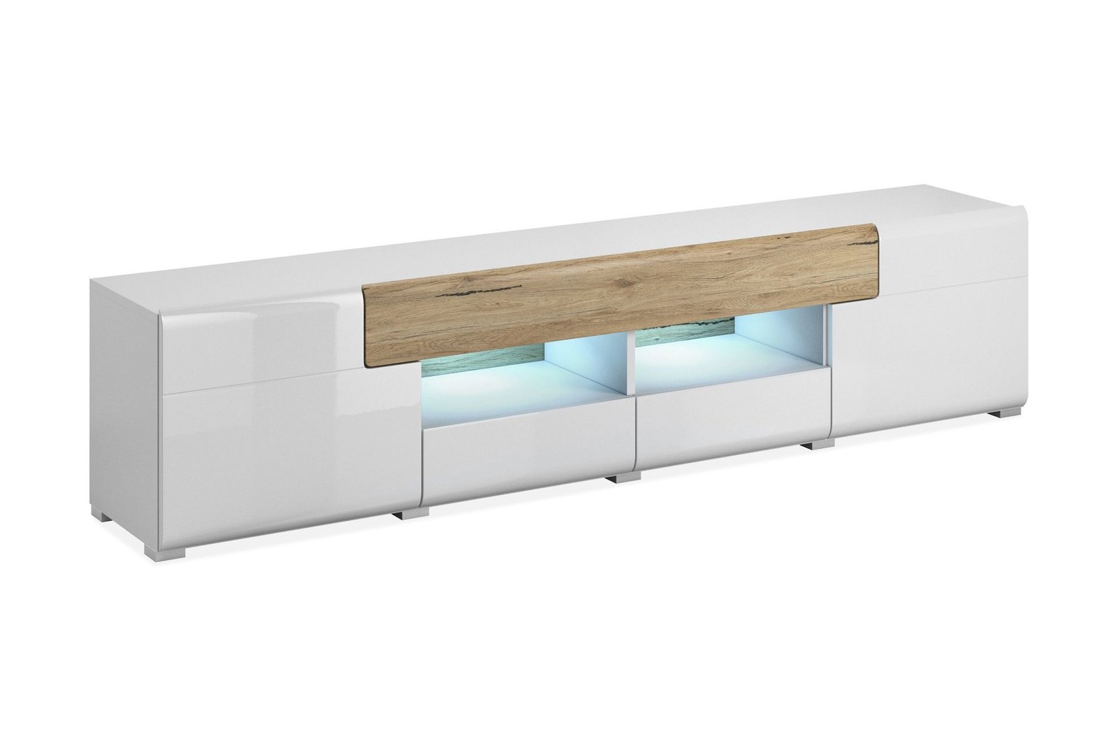 TV-taso Aureas 208 cm - Tammi/Valkoinen korkeakiilto